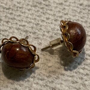 Vintage Earrings - Wood Brass Studs - Pierced - 1970s
